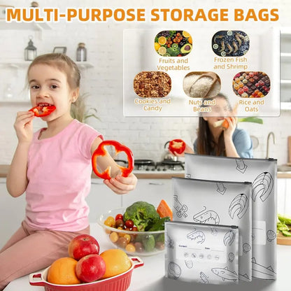 (10pcs )Reusable Aluminum Foil Sealable Storage Bags, 2025 New Resealable Vacuum Zipper Pouches for Food, Stand Up Foil Sealable Bags with Label and Zip Lock for Vegetable Fruit Meat
