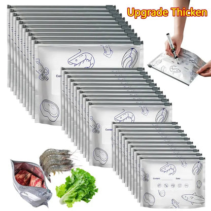 (10pcs )Reusable Aluminum Foil Sealable Storage Bags, 2025 New Resealable Vacuum Zipper Pouches for Food, Stand Up Foil Sealable Bags with Label and Zip Lock for Vegetable Fruit Meat