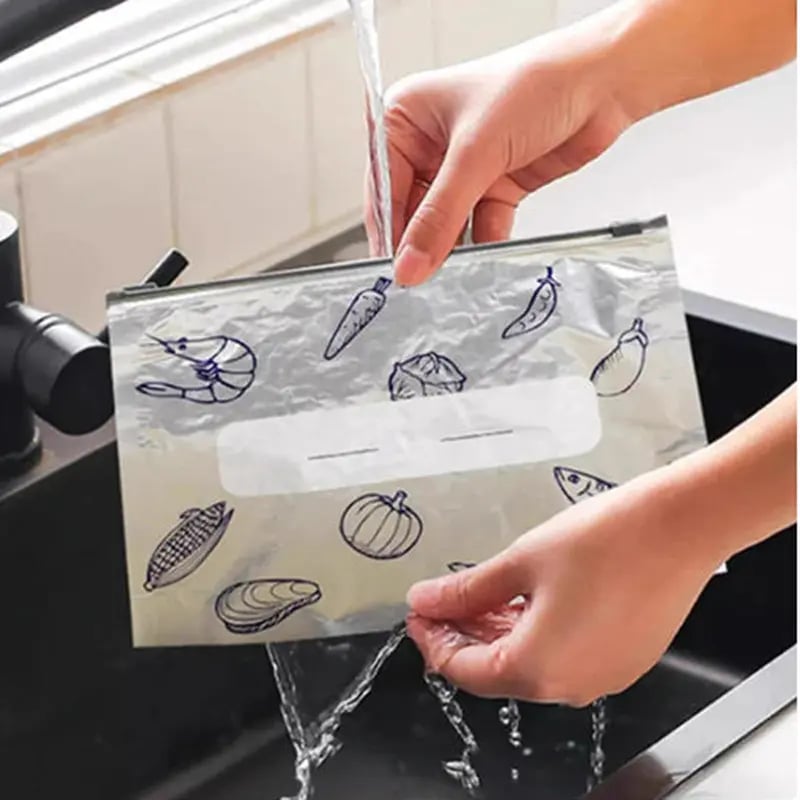 (10pcs )Reusable Aluminum Foil Sealable Storage Bags, 2025 New Resealable Vacuum Zipper Pouches for Food, Stand Up Foil Sealable Bags with Label and Zip Lock for Vegetable Fruit Meat